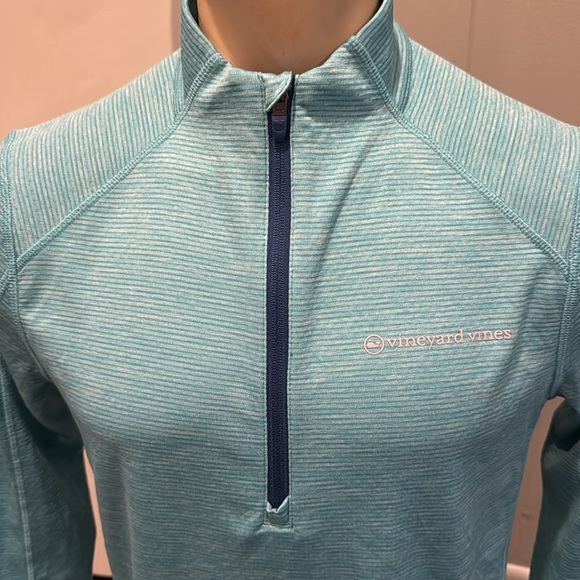 Vineyard Vines Performance light turquoise subtle stripe stretch 1/4 zip top. Sm - Picture 2 of 5
